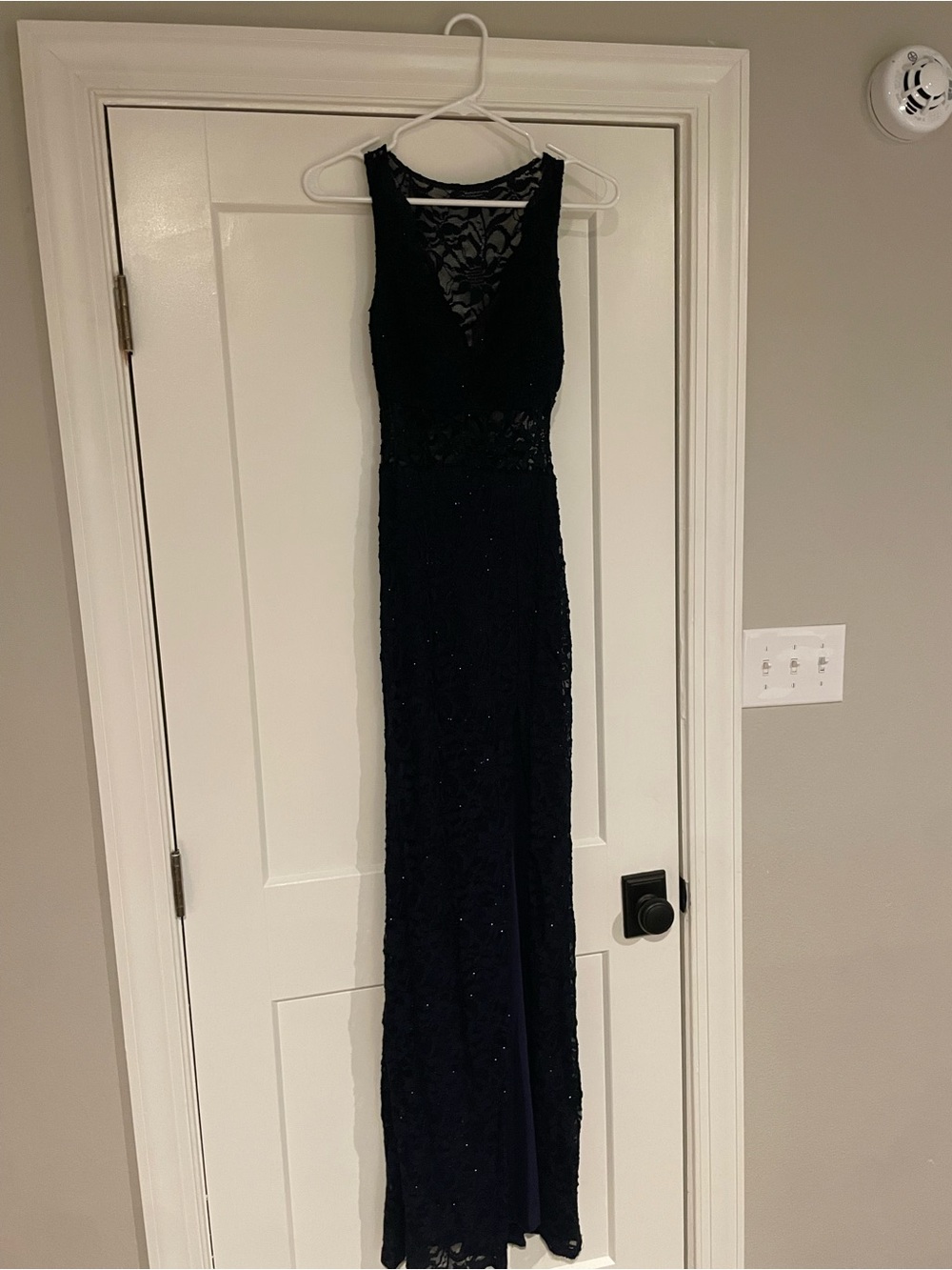 B Darlin Navy Lace Maxi Gown with V-Neck